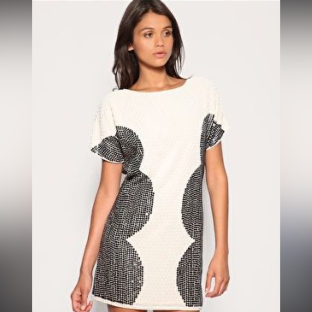 New Beaded Mini Dress Asos Women 14 Plus Short Black Cream Beads Party Backless